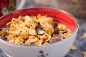 breakfast golden and chocolate cornflakes cereal bowl