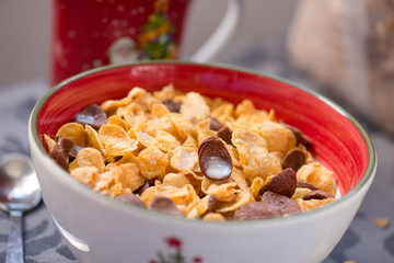 breakfast golden and chocolate cornflakes cereal bowl