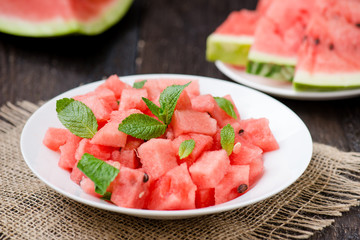 watermelon slices cut on the plate with mint