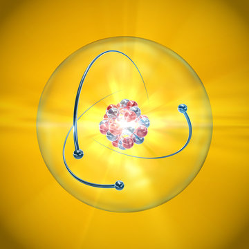 Atom mit Atomkern, Atomh&uuml;lle und kreisenden Elektronen auf gelben Hintergrund