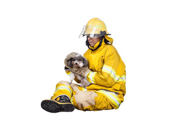 firefighter, fireman rescued the pets from the fire, isolated on white