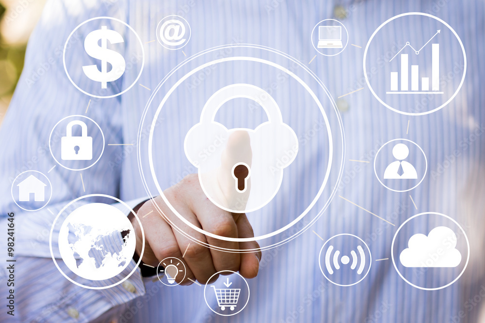 Poster businessman push button lock security web icon