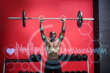 Composite image of young bodybuilder doing weightlifting
