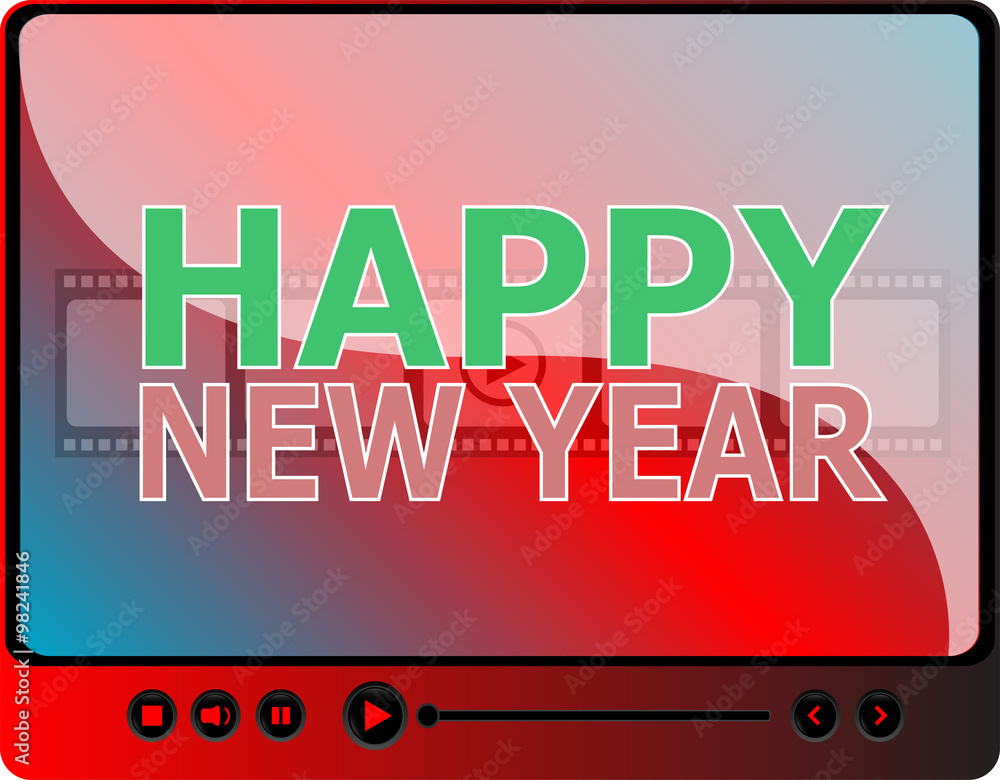 Poster flat design vector button. happy new year words on media player