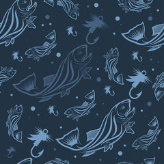 Seamless pattern on the subject of fishing. With fish, boat and