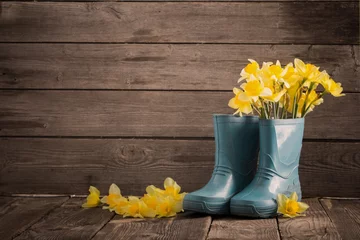 Photo sur Plexiglas Fleurs child garden shoes with spring flowers