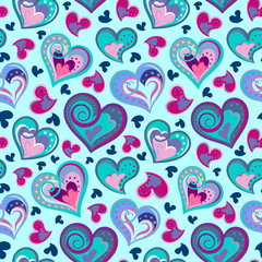 Hand drawn doodle seamless pattern of hearts. Colofrul hearts on colored background. Vector illustration