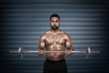 Fototapeta na wymiar Composite image of muscular man lifting heavy barbell