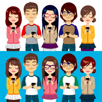 Five different young people using mobile phones socializing on internet
