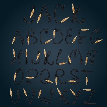 Guitar jack alphabet. Music equipment font. Vector illustration