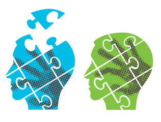 Puzzle heads silhouettes.
Two Puzzle heads silhouettes with hand print symbolizing Psychology, psychological problems.Vector illustration.
