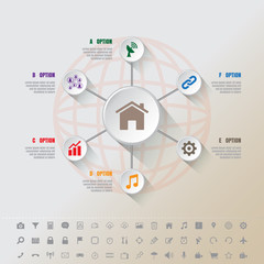 Design template: Modern Infographic complement template with 7 Button circles and set of icons
