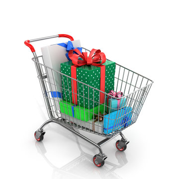 Many colorful gifts that lie in your shopping cart on a white ba