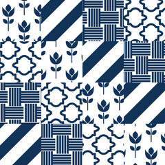 Obraz premium Patchwork quilt vector pattern tiles. Dark turquoise and white square indian textile fabric prints. Seamless blue classic patch ceramic tile design.