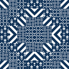 Patchwork quilt vector pattern tiles. Dark turquoise and white square indian textile fabric prints. Seamless blue classic patch ceramic tile design.