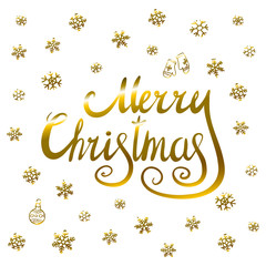 Naklejka premium Merry Christmas - gold glittering lettering design with snowflakes pattern