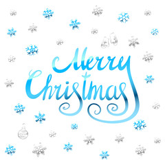 Fototapeta na wymiar Merry Christmas - blue glittering lettering design with snowflakes pattern