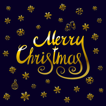 Merry Christmas - gold glittering lettering design with snowflakes pattern
