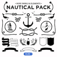 Vector pack of nautical elements. Rope swirls, logos and badges. © nancy_white