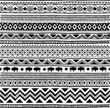 Aztec tribal seamless black and white hand drawn pattern