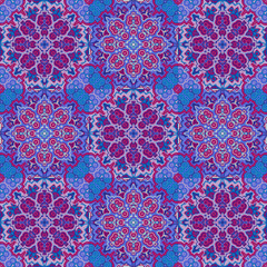 Fototapeta premium Vector bright pattern. East ornament with contour and colorful details on the turquoise background. Template for any surface. Elegant backdrop with oriental ornaments of mandalas
