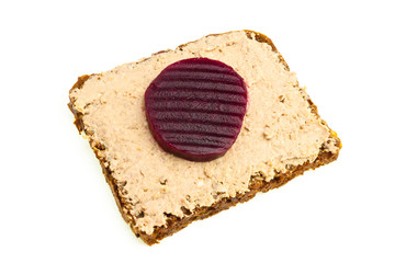 liver paste and beetroot on rye bread