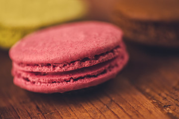 Homemade macaron cookies on table, macro close up