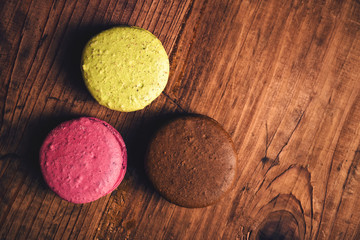 Homemade macaron cookies on table, top view
