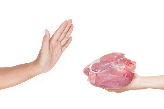 Hand reject a meat on white background