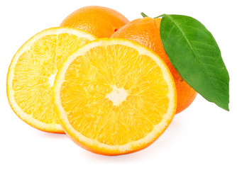 Two orange and slice isolated on white background