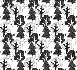 Black and white winter forest seamless pattern.