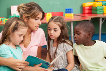 Teacher reading a book to her kindergarten class