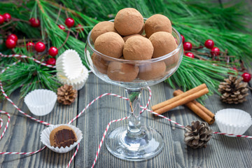 Homemade chocolate-caramel truffles in glass
