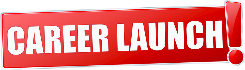 modern red career launch vector sign in red with metallic border and a exclamation mark