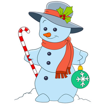 cute and happy cartoon christmas snowman is holding a candy stick and a firtree ball