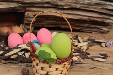 Colorful pickled of preserved egg on wood background.