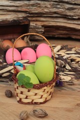 Colorful pickled of preserved egg on wood background.