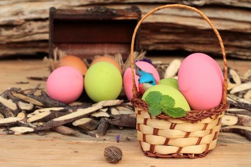 Colorful pickled of preserved egg on wood background.
