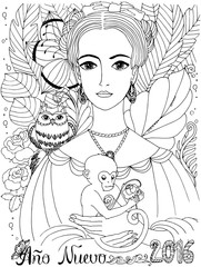 Young lady in a tropical forest with Owl and Monkey. Translation of the foreign text Ano Nuevo is New Year. Doodle, sketch, zentangle graphic work. Coloring book for adult. 