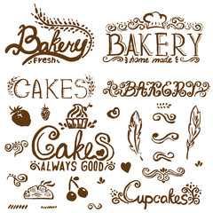 Collection of handwritten vintage retro bakery logo labels. Vect