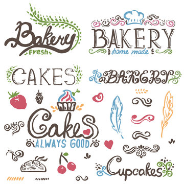 Collection of handwritten vintage retro bakery logo labels. Vect