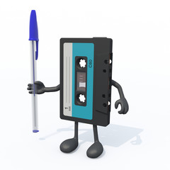 vintage audio tape with arms, legs and pen on hand