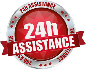 24H assistande / realistic modern round glossy 3D vector eps10 button ( icon / badge / tag ) in dark red with metallic border and a red banderole