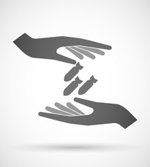 Two hands protecting or giving three bombs falling