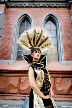 Beautiful Golden Venetian Carnival Masked woman,sun costume 