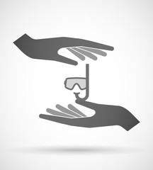Two hands protecting or giving a diving goggles