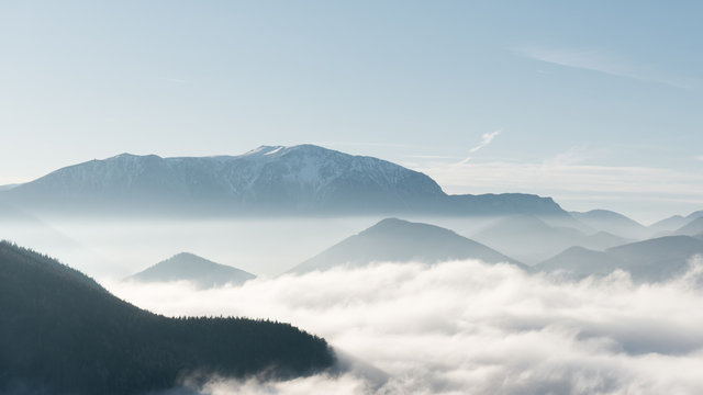 über den Wolken - Aerial view of the sky and fog a from a plateau on a mountain.