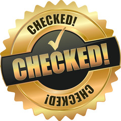 golden shiny vintage checked 3D vector icon seal sign button shield star with checkmark