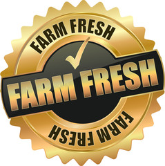 golden shiny vintage farm fresh 3D vector icon seal sign button shield star with checkmark