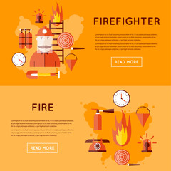 Firefighter and icons around. Flat style vector illustration.
